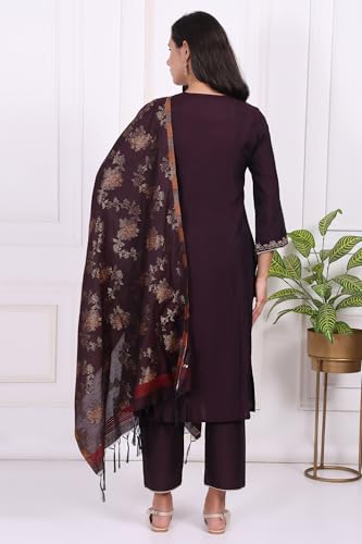 W for Woman Purple Embroidered Straight Kurta, Pants and Dupatta Set - (WS13238-224189-S)