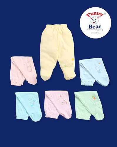 Funny Bear New Born Baby Pants with Booties/Socks Baby Leggings Cotton Pajama for Girl & Boys Combo 6 (Multi 1, 0-3 Months)