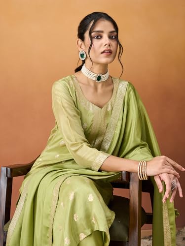 Hritika Green Pure Silk Woven Kurta with Pants and Dupatta Set | Ethnic Set | Suit Set | Kurta Set | Wedding Suit Set for Women