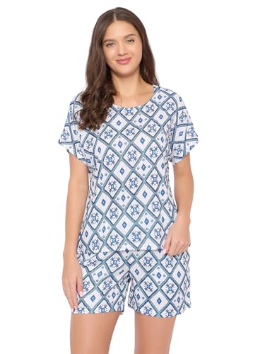 Clovia Women's Rayon Printed Top & Shorts Set (LS0533C18_White,Blue_XL)