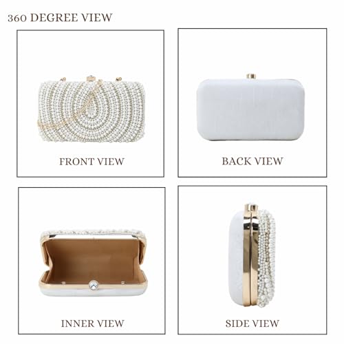 Anekaant Adorn White & Gold Pearl Embellished Faux Silk Clutch for Women | Bridal Bag | Party, Wedding & Festive Accessory