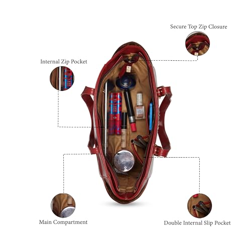 Caprese Macie Medium Alpine Oat Tote Bag for Women | Solid Faux Leather Shoulder Handbag with Spacious Interior & Zipper Closure | Fits Up to 16-Inch Laptop | Office & Travel Use (Cherry Lacquer)