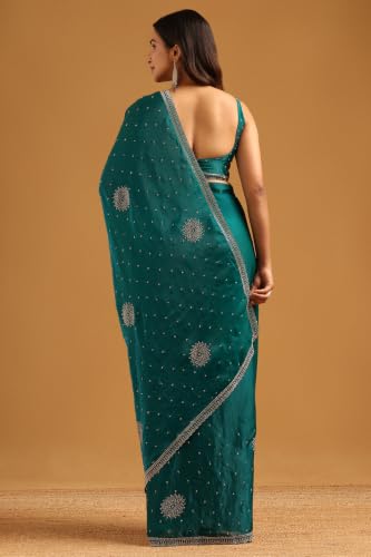 Soch Womens Teal Fendy Organza Stonework Embellished Saree