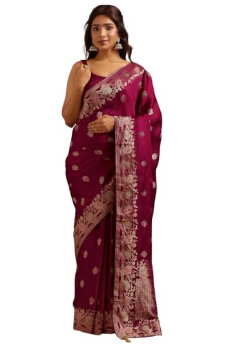 Soch Womens Wine Satin Zari Woven Saree