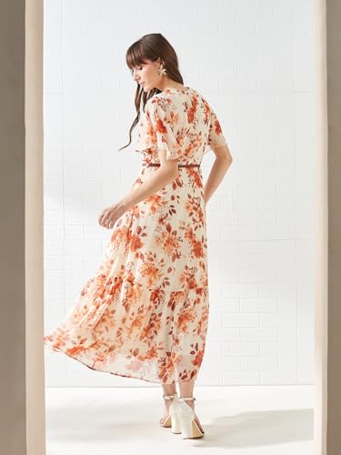 Latin Quarters Women's Rust Short Sleeves V-Neck Printed Casual Maxi Dress_L