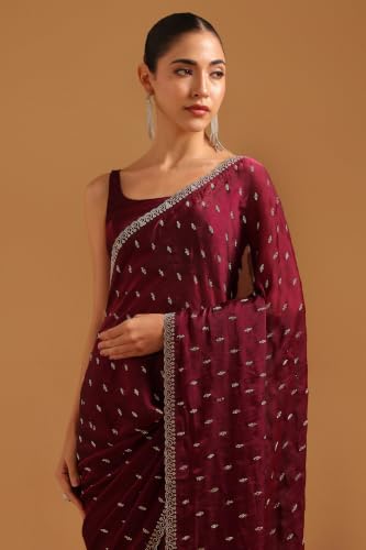 Soch Womens Wine Fendy Organza Embellished Saree