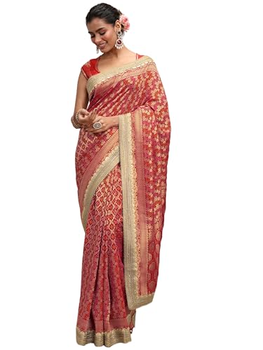Libas Art bandhani floral woven Satin Saree For Women With Unstitched Blouse Piece | Traditional Saree For Festive & Wedding