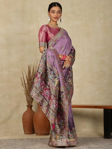 AKHILAM Women's Lavendar Viscose Silk Ethnic Motif Saree With Unstitched Blouse Piece (MSTANI161A_HS)