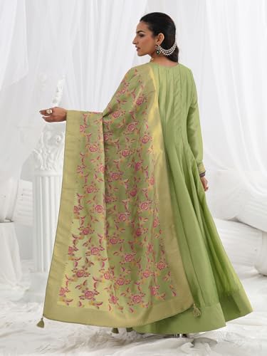 Libas Embroidered Silk Blend A-Line Ethnic Dress with Dupatta-93632L Green