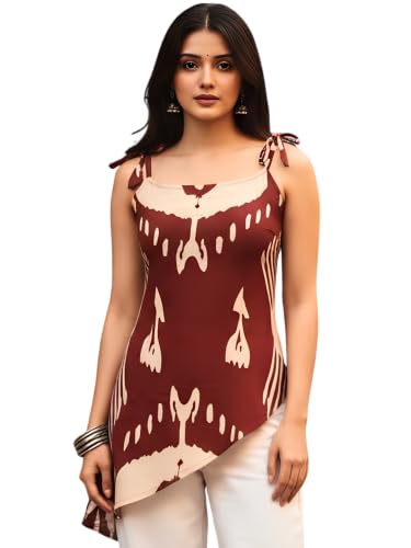 Dora Dori Women Viscose Rayon Ikkat Printed Kurti | Round Neck Sleeveless Asymmetric Hemline Corset Back Tie-Up Detailing | Maroon and Beige Short Kurti for Women | Casual, Office & Daily Ethnic Wear