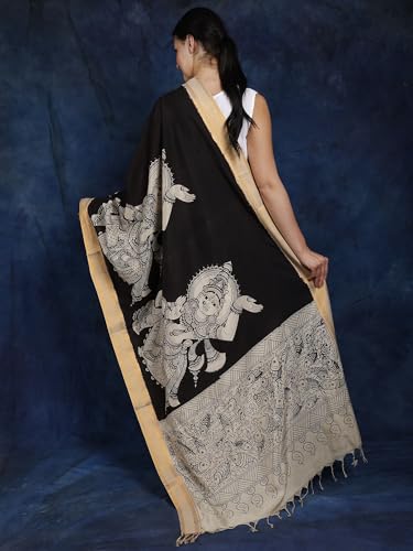 Exotic India Pirate-Black Kalamkari Dupatta with Pen Art Hand-Painted Kathakali Dancing Ladies - Cotton, Black, One Size