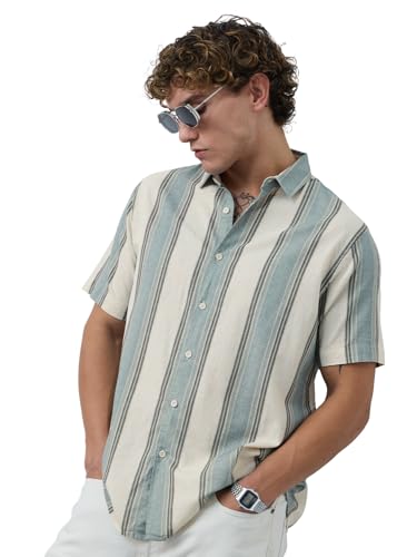The Souled Store Stripes Shirt: Jade Haze Men and Boys Short Sleeves Collared Neck Cotton Linen Blend Regular Fit Casual Cotton Linen Shirts