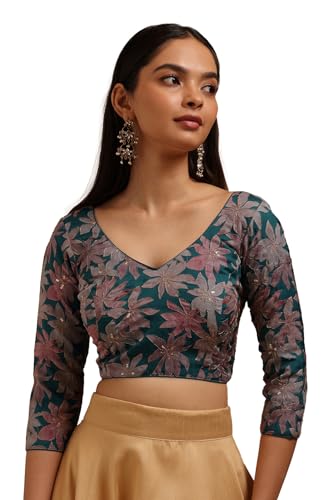 Soch Womens Blue Organza Floral Print Padded Blouse with Zari