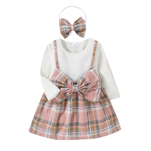 Hopscotch Girls Check Print Full-Sleeve Casual Dress with Headband In White Color for Ages 9-12 Months