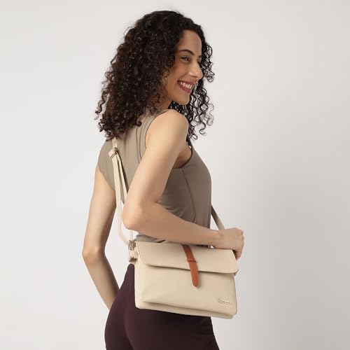 Fastrack Beige Sling | Faux-Leather Women’s Handbag | Sling with Dual Compartments & Utility Pockets