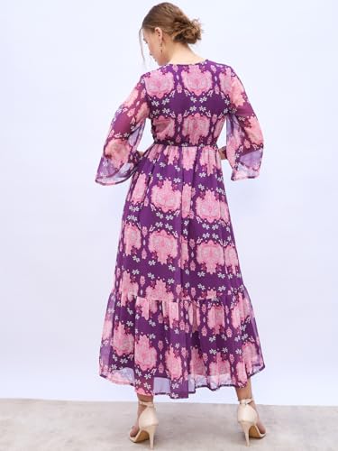 Women Long Sleeve Wrap Maxi Dress (Purple,L)