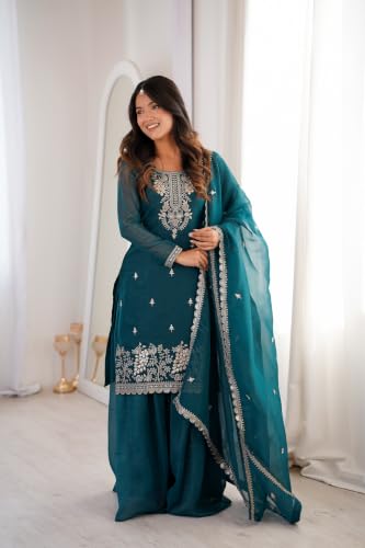 Leeli Peeri Designer Women's Crunchy Silk Embroidery Kurta Sharara Set With Dupatta.