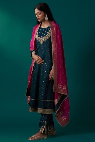 Wishful Women's Teal Green Heavy Embroidered Sequined Anarkali Kurta with Straight Pant and Dupatta Set (SP12842-401056-S)