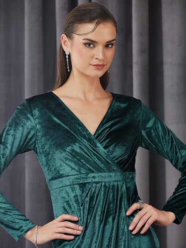 Miss Chase Women's Wrap Knee-Length Dress with Draped Silhouette and Full Sleeves (MCAW25D21-01-83-05, Teal, L)