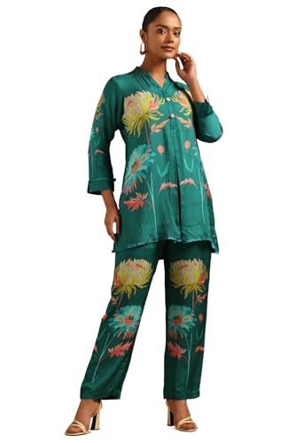 Soch Womens Teal Green Muslin Botanical Kurta Set With Hand Embroidery and Bead Details