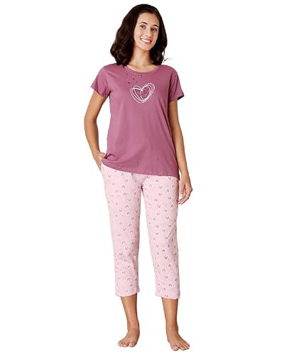BODYCARE Women's Cotton Printed T-Shirt and Capri Set | Soft & Breathable Nightwear | Short Sleeves | Loungewear Co-Ord Set| BSCS16033_85 Multicolour