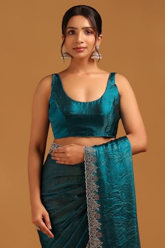 Soch Womens Blue Organza Saree With Stone Work