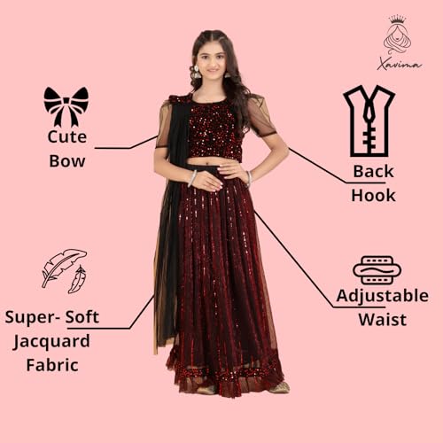 Xavima Niharika Maroon Girls Super Net Readymade Lehenga Choli Set With Dupatta Skirt Blouse Dress Outfit For Kids Event Stage Celebration School Gathering Public Program_3-4 Years