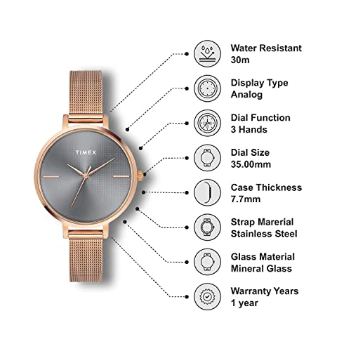 TIMEX Analog Watch for Women with Grey Round Dial & Rose Gold Stainless Steel Bracelet Band Water Resistant Women's Wrist Watches - TWEL155SMU05
