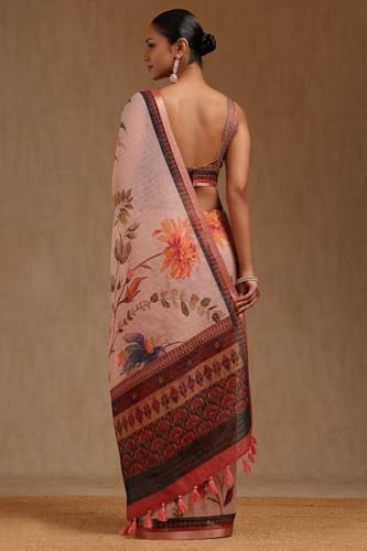 Soch Womens Peach Linen Blend Floral Print Saree With Zari Woven