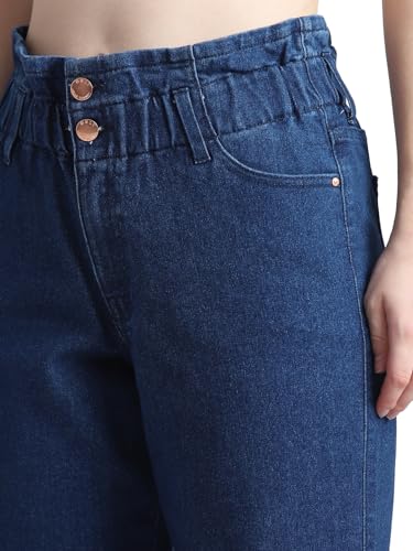 ONLY Women Solid Cotton High Rise Blue Denim Joggers
