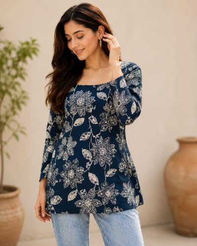 HOUSE OF RAAGA Gauri Women's Jaipuri Pure Cotton Floral Printed Peplum Kurti | Square Neck | Full Sleeves | Corset-Style Back Tie | Casual & Ethnic Wear Size,S