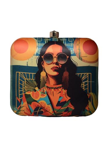 Artklim Multicolor modern Women Printed Funky Sling Bag for Girls - Box Clutch with Detachable Golden Strap - Ethnic Statement Bag
