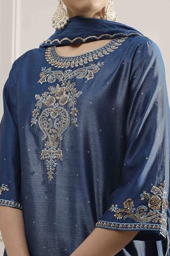 Biba Women's Silk Blend Kurta, Bottom, Dupatta (SKDDBRI30567AW25BLU