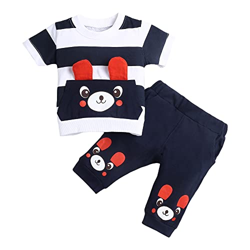 Hopscotch Boys Cotton Stripes Bear Printed Half Sleeves T-Shirt Joggers Set In Multi Color For Ages 2-3 Years