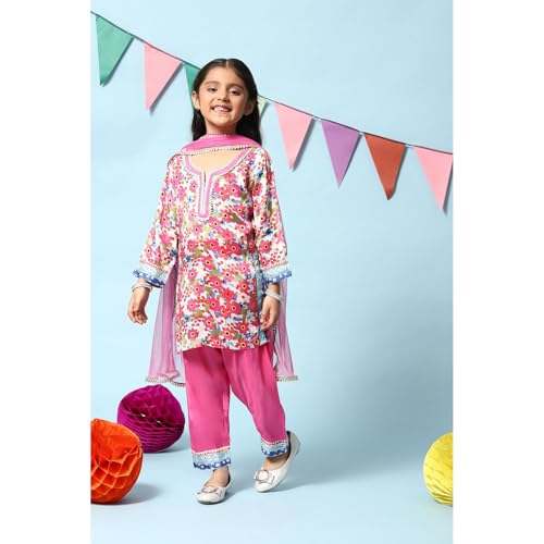 BIBA Printed Viscose Straight Fit Girls Kurta Salwar Dupatta Set (PINK, 4-5Y)