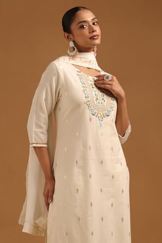 Soch Womens Off-White Pure Cotton Floral Embroidered Zari Woven Salwar Suit
