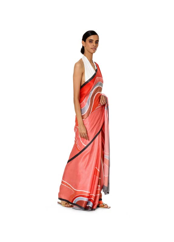 Satya Paul Pink Rose Satin Georgette Printed Silk Saree for Women