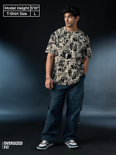 The Souled Store Batman: Gotham City Men and Boys Half Sleeves Round Neck Graphic Printed Cotton Lightweight All-Season Oversized T-Shirt Beige