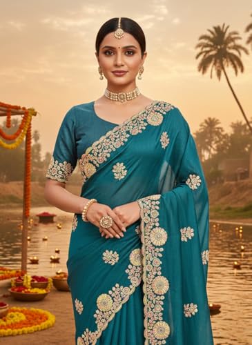 Glory Sarees Women's Silk Georgette Embroidery Work Saree With Blouse Piece (LF853_Teal)