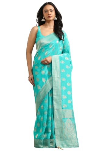 Soch Womens Turquoise Blue Crepe Ethnic Motifs Zari Woven Saree