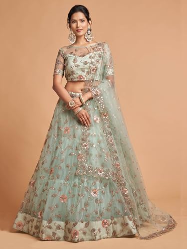 Zeel Clothing Women's Soft Net Embroidered Semi-Stitched Wedding Lehenga Choli with Dupatta (7314-SkyBlue-Wedding-Bridal-Lehenga-Choli; Free Size)