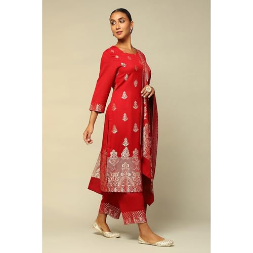 Rangriti Women Red Acrylic Straight Yarn Dyed Kurta Palazzo Suit Set_46
