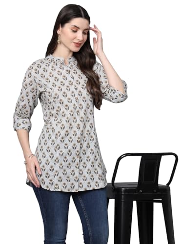 Divena Cotton Floral Print Shirt Style Top Grey
