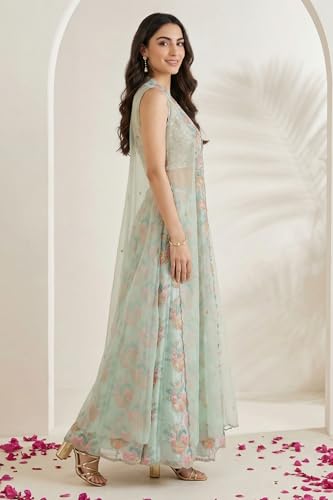 Wishful Women's Sea Green Embroidered Blouse with Printed Flared Skirt and Embroidered Jacket Set - (SP13601-225005-XL)