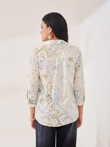Latin Quarters Women's Off-White Printed 3/4th Sleeve Collar Neck Casual Shirt_M