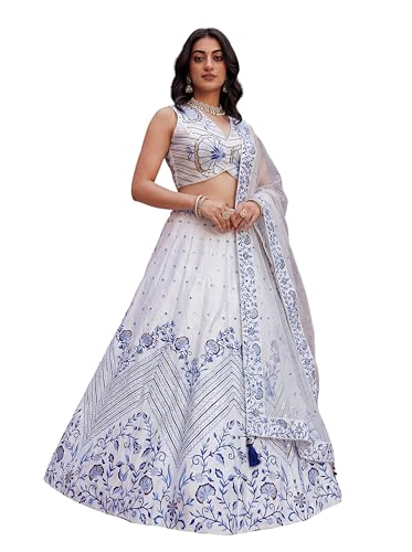 Zeel Clothing Women's Sequins Thread Embroidered Satin Designer Lehenga Choli With Dupatta (7079-White-Women-Lehenga-Choli-Set; Free Size)