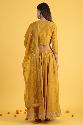 W for Woman Yellow Metallic Embroidery Crop Top & Skirt with Dupatta Set (Size: M)-24AUWS31123-400772