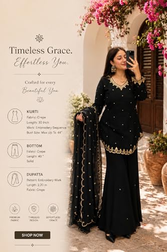 VARNI FABRICS: A lady's First Love Women's Black Crepe Kurti With Dupatta And Palazzo, Gold Zari Work, Ethnic Wear, Festive Occasion (IN, Alpha, M, Regular)