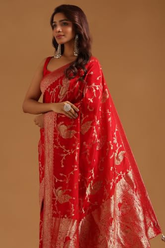 Soch Womens Red Satin Bird Motifs Zari Woven Saree
