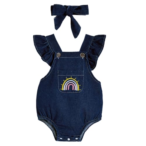Hopscotch Girls Graphic Embroidered Onesie with Headband in Blue Color For Age (12-18 Months)